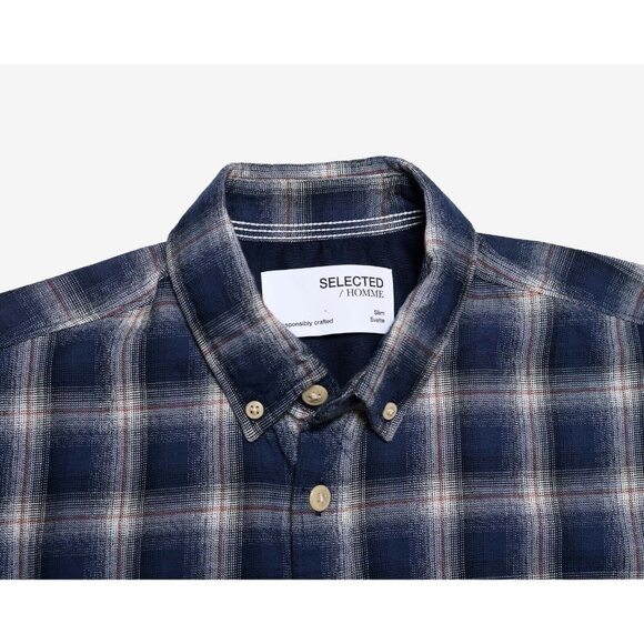 Selected Homme Men's 15 Small Slim Fit Button Dress Shirt Yellow Blue Plaid - Picture 5 of 7